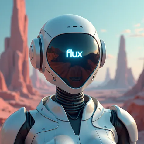 Surreal landscape，A robot helmet with the word &quot;FLUX&quot; written on the screen，Facing the screen，close up