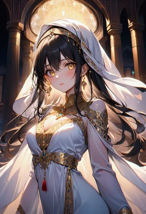 Adult Anime girl with long straight still black hair with white highlights, golden eyes,middle eastern elegant dress, detailed body, detailed eyes, masterpiece, best quality, aesthetic, standard pose, 8k, high resolution, ultra-sharp. 