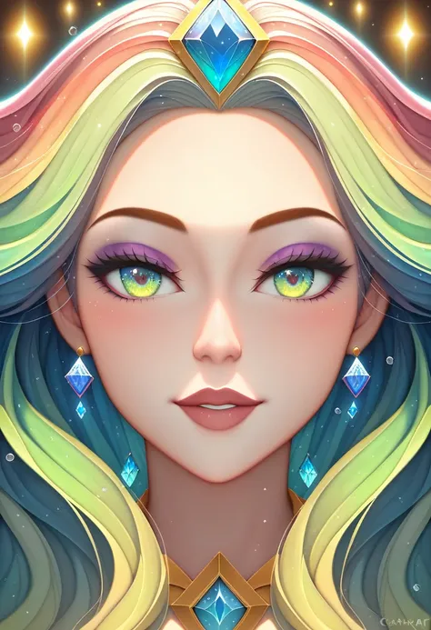 (masterpiece、Highest quality、Highest quality、Official Art、detailed、Beautiful and aesthetic:1.2)、(One Girl)、(Fractal Art:2.0)、Very long straight hair、Pink Shiny Crystal Colorful Hair, Yellow-green crystal eyes, Close-up shot, Face shot, Focus on your audien...