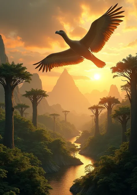 ((best quality)), ((masterpiece)), (detailed), perfect faceA vast prehistoric landscape with a golden sunset, filled with towering ancient trees and lush green vegetation. In the sky, a massive Teratornis bird is soaring gracefully with its enormous wings ...