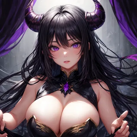 Beautiful demon in human form with black horns and black hair with purple eyes and richly dressed with large breasts masterpiece high details