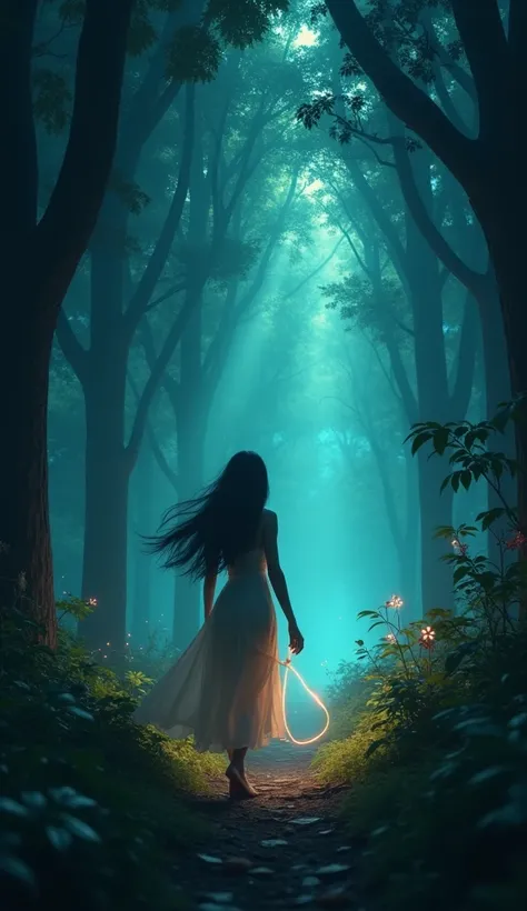 Generate in 3d cinematic and cartoon style**: A dreamlike sequence showing Radhika walking through a dark forest, with trees casting long shadows, and a mysterious light guiding her path towards the deeper part of the jungle