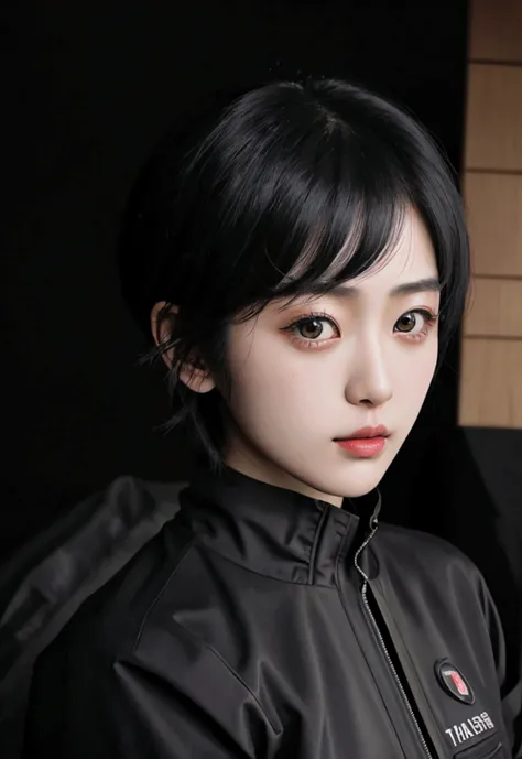 realistic beautiful japanese woman, black short haired, wearing tactical suits 