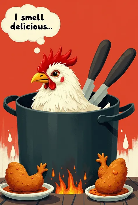 A red and white background, a pot with a fire underneath and a live chicken inside the pot, a crossed two knifes on the top, a fried chicken on aside, the chiken in the pot looking at the fried chicken write "I smell delicious.." as a thought on the top of...