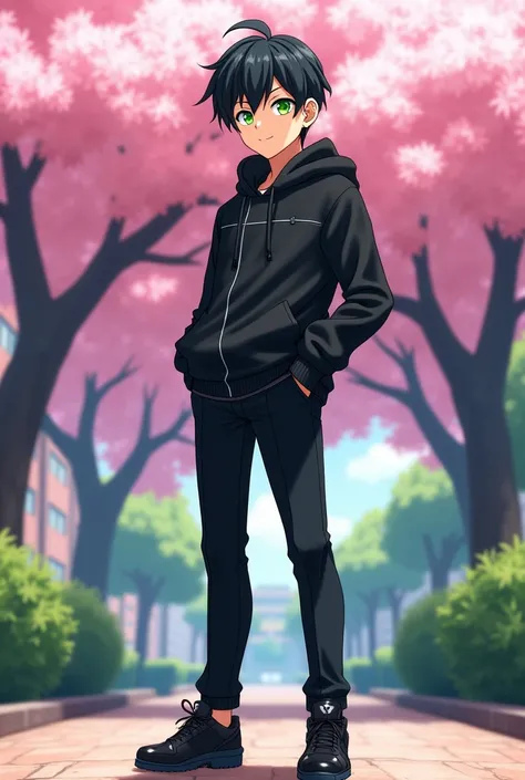 A strong fantasy anime boy with shiny green eyes who has a sweet smile on his lips and looks at you standing. stylish black school jacket with black pants , black sports shoes, neat black hair, behind him is a big cherry tree in the school yard