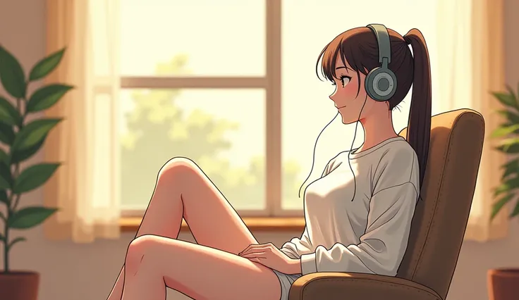 morning、Listen to music in the room、Sit on a chair、high school girl、Big Breasts、 relax、White sweatshirt、ponytail、Use headphones, Bright environment、2D-style animation, Lo-Fi、Retro、Anime style illustrations、Line art with clear outlines