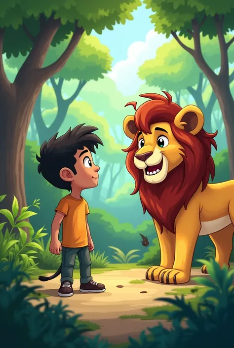 As Ali wandered through the forest, he suddenly spotted a lion. He felt a little scared at first, but then he noticed that the lion was injured and groaning in pain. Ali gathered his courage and slowly approached the lion cartoon
