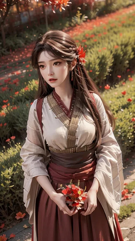 Beautiful detailed brownish eyes，flowing long black hair，Holding a bouquet of wildflowers，Surrounded by lush mulberry trees and blooming red flowers，There are red fallen leaves everywhere，The background is a golden sunset，Vibrant colors and vivid lights，Ab...