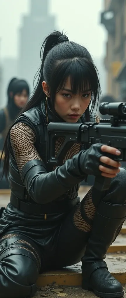 bleak gritty action edgy so much swagger trained marine corp militant asian female solider with her female squads with serious expresion with an attitue vengance she adorn with pony tail hairstyle adorn hip hop rap style in black fishents linger latex snip...