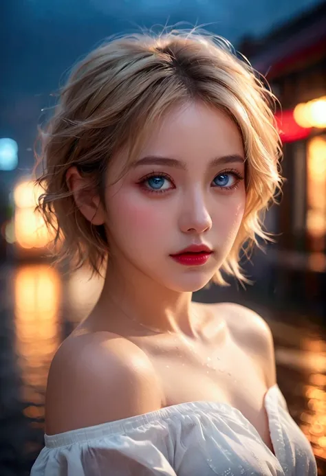 Beautiful young woman with short blonde hair and blue eyes, Wearing an off-shoulder white shirt and a flowing red skirt, 비가 내리는 cityscape을 배경으로 자세히 설명. (best quality, 4K, 8k, high resolution, masterpiece: 1.2), very detailed, (realistic photo: 1.37), one g...