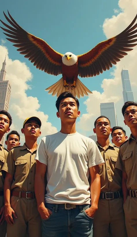 painting of Indonesian independence with the Garuda letter and heroes and the capital city of the archipelago, asian man, handsome face, thin and the shortest in height compared to the otherswith, wearing white t-shirt and jeans, with the other look at the...