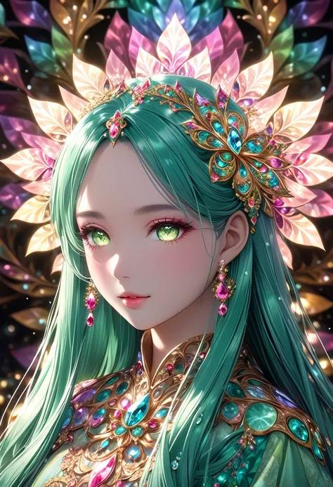 (masterpiece、Highest quality、Highest quality、Official Art、detailed、Beautiful and aesthetic:1.2)、(One Girl)、(Fractal Art:2.0)、Very long straight hair、Pink Shiny Crystal Colorful Hair, Yellow-green crystal eyes, Close-up shot, Face shot, Focus on your audien...