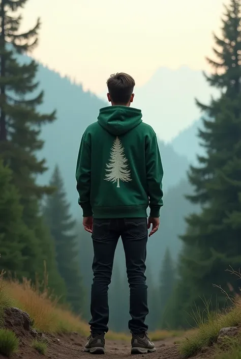 Create an image of an individual standing in the middle of a calm mountain forest landscape in the morning or evening with soft lighting conditions. The individual must face the viewer, wear a green hoodie featuring a pine tree graphic that reflects the su...