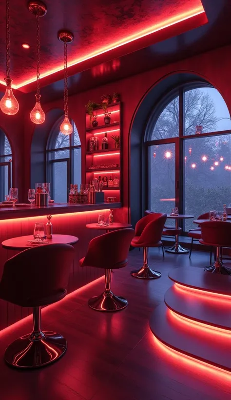 design me a light cafe. with a luxurious design style with a futuristic and mysterious color