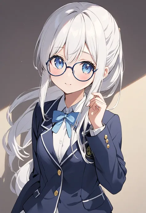 cute、Appearance（Long Hair、Pure white hair、Ponytail,Round Glasses）clothing（High School Uniform,blazer）