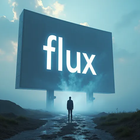 Surreal landscape，A huge helmet screen with the word &quot;FLUX&quot; written in large letters，Facing the screen，close up