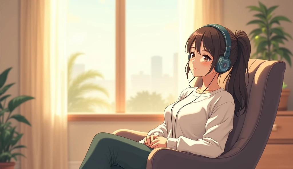 morning、Listen to music in the room、Sit on a chair、high school girl、Big Breasts、 relax、White sweatshirt、ponytail、Wireless headphones, Bright environment、2D-style animation, Lo-Fi、Retro、Anime style illustrations、Line art with clear outlines