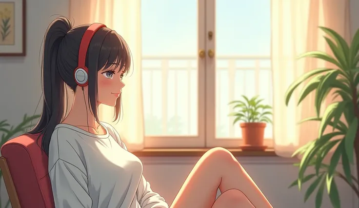 morning、Listen to music in the room、Sit on a chair、high school girl、Big Breasts、 relax、White sweatshirt、ponytail、Wireless headphones, Bright environment、2D-style animation, Lo-Fi、Retro、Anime style illustrations、Line art with clear outlines