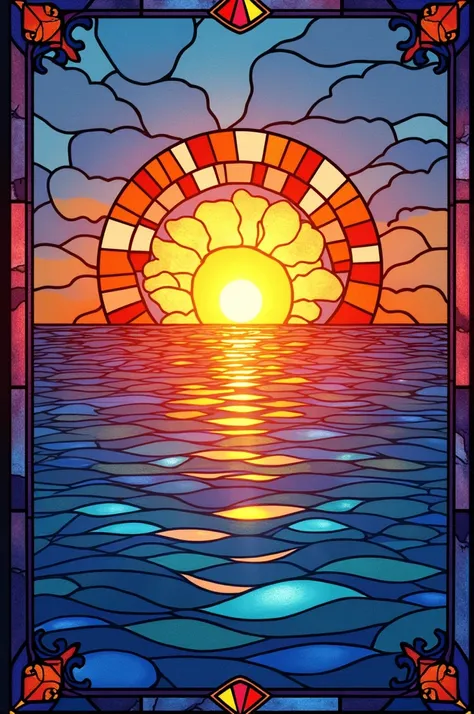 Make me a painted glass sunset design with the colors Blue, Green, Yellow, Orang, Red, Pink