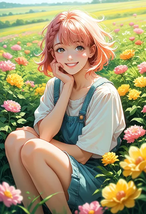 anime girl in the anime style of the 80s sitting in a field of flowers and looking at the camera, smiling. pastel-colored