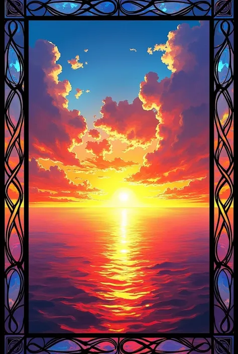 Make me a painted glass sunset design with the colors Blue, Green, Yellow, Orang, Red, Pink