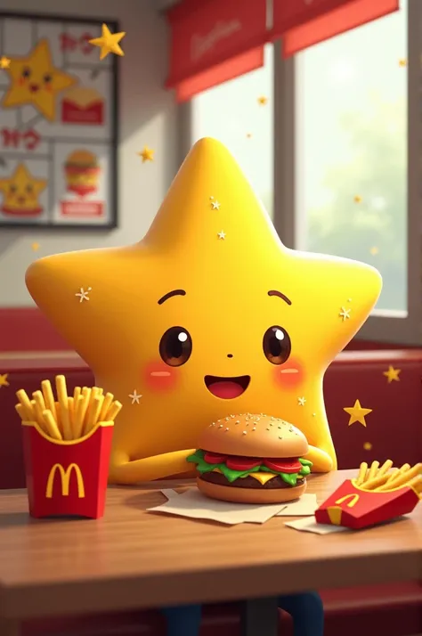 Create a cute little star at McDonald&#39;s, sitting happily eating MC Donald&#39;s 