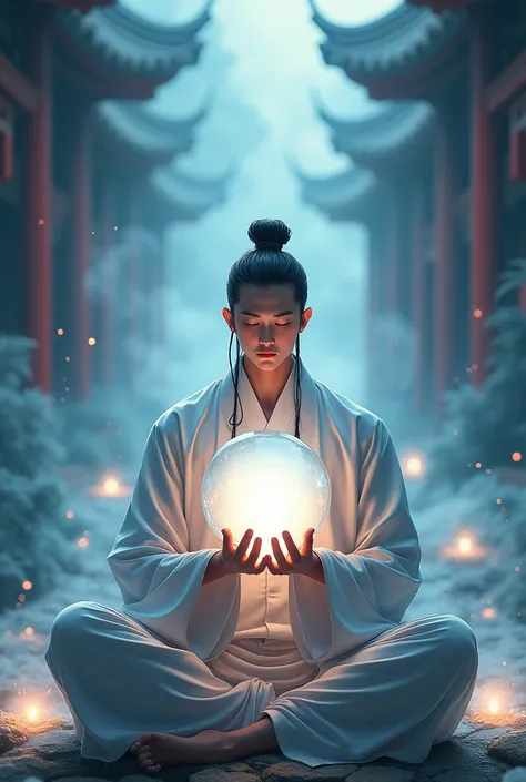 A man sitting but floating in the air in a Chinese style cultivating posture with a circular white globe of light in between his two hands and scmokes coming from his back

Make it in an anime style
Let the two hands be in front of him
One hand up by his c...