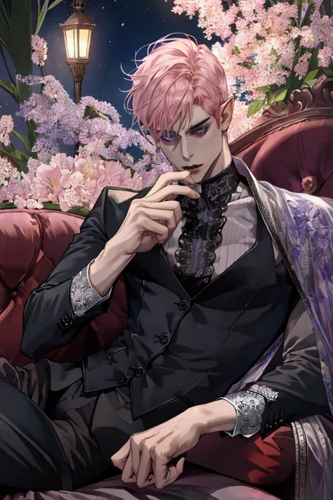 (absurdres, highres, ultra detailed, realistic,), Gothic thema, 1 male, solo, adult, mature, elf-vampire, demon wings, slim muscular,（sitting on a sofa, cross-legged), broad shoulders, handsome, very short hair, pink hair, violet eyes, thick eyebrows, nigh...