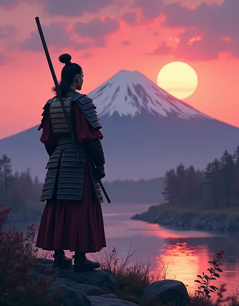 A samurai standing in front of Mount Fiji facing the mountain back view to camera, sunset, their is a river below, photoreal