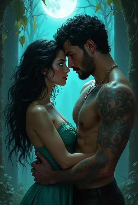 generate a werewolf book cover with a black-haired woman with green eyes and a man with blue eyes? Please. 😭😭