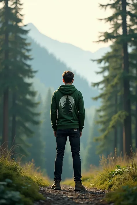 Create an image of an individual standing in the middle of a calm mountain forest landscape in the morning or evening with soft lighting conditions. The individual must face the viewer, wear a green Army hoodie featuring a pine tree graphic that reflects t...