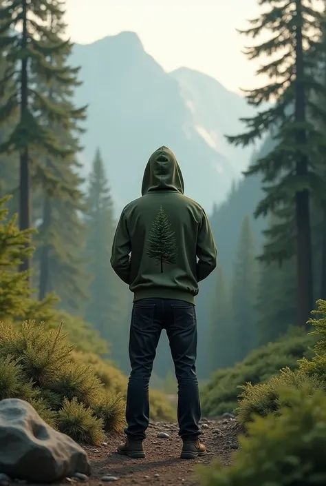 Create an image of an individual standing in the middle of a calm mountain forest landscape in the morning or evening with soft lighting conditions. The individual must face the viewer, wear a green Army hoodie featuring a pine tree graphic that reflects t...