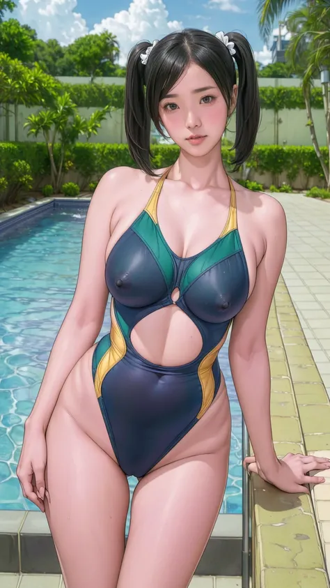 Highest quality, Official Art, masterpiece, Fabric Shading, High resolution, Very detailed, colorful, inside pool, Best details, (Adult,30 years old, Mature Woman, conversion:1.5, Female dog, Short Hair, Black Hair, Twin tails、Clear and beautiful eyes、Tire...