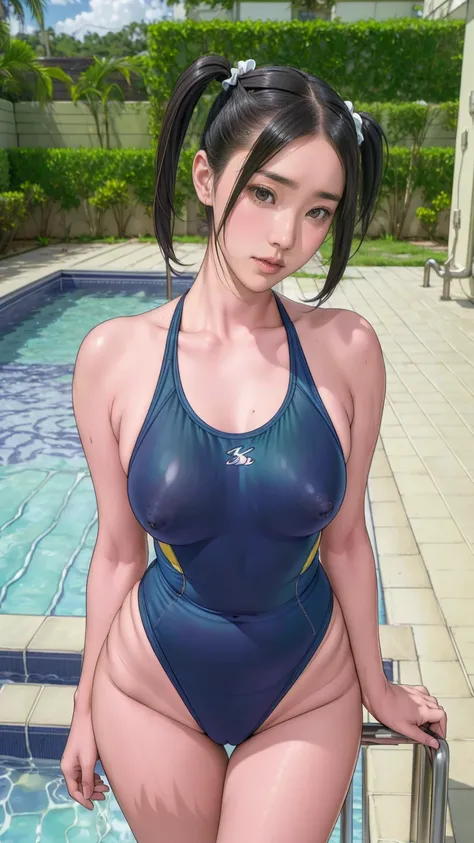 Highest quality, Official Art, masterpiece, Fabric Shading, High resolution, Very detailed, colorful, inside pool, Best details, (Adult,30 years old, Mature Woman, conversion:1.5, Female dog, Short Hair, Black Hair, Twin tails、Clear and beautiful eyes、Tire...