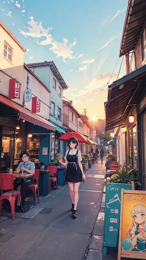 a painting of a scooter in front of a cafe with a sunset in the, cozy cafe background, cafe, beautiful retro art, scenery artwork, cafe in the clouds, warm beautiful scene, scenery art detailed, diner caffee, dream scenery art, watching the sun set. anime,...