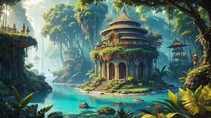 ((masterpiece)),((Highest quality)),((High Detail)), nobody, background, fantasy, Tropical fantasy deep jungle is a mysterious and fascinating world, A place where you can make new discoveries every day, And learn from ancient wisdom.