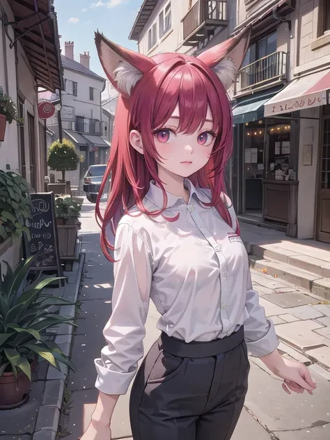 a beautiful girl with red hair, fox ears, light red eyes, wearing a medieval white shirt and gray trousers, standing on a village street, best quality , detailed body and face,long eyelashes, vibrant colorst,village,street,buildings,cobblestone,fantasy, re...