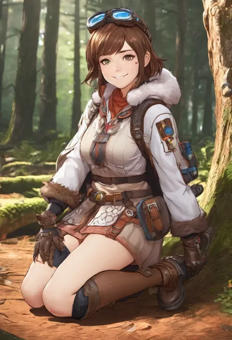 nsfw, one girl, monster hunter world, the handler, looking at viewer, droopy eyes, smile shyly, kneeling, brown hair, brown eyes, wears goggles on her head, capelet, boots, fingerless gloves, freckles, slight blush, high saturation, morning forest, camp,