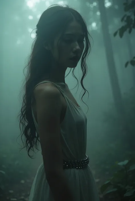 A young Thai woman stands in the middle of a mystical misty forest. closeup, very closeup, Her lips are black, The atmosphere is dreamy and ethereal, with thick fog enveloping the scene and making her figure vague and eerie. She is wearing a long dress mad...