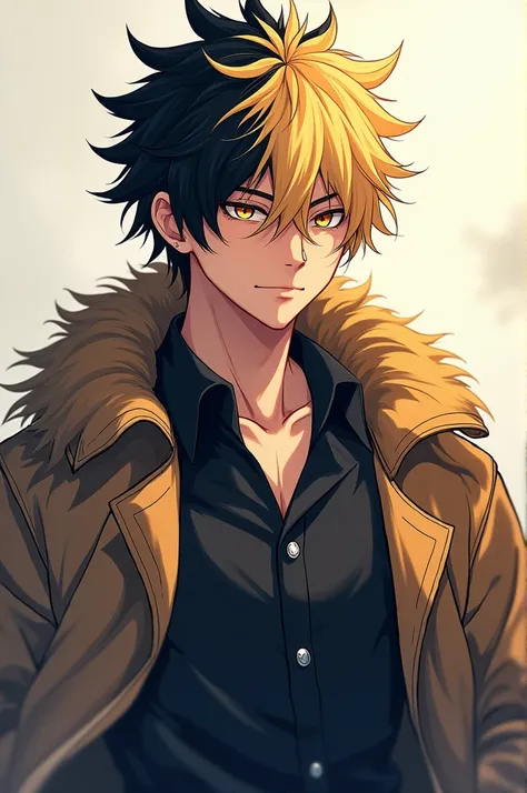 Yamado: 19 year old young man, 1,80 tall. amber eyes, blonde hair on top and black on the bottom, medium medium hair, athletic build.brave face. anime styling. fully body