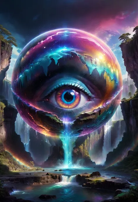 a massive ominous planet with a evil eye in the center looming over the horizon of a magical world filled with vivid radiant wat...