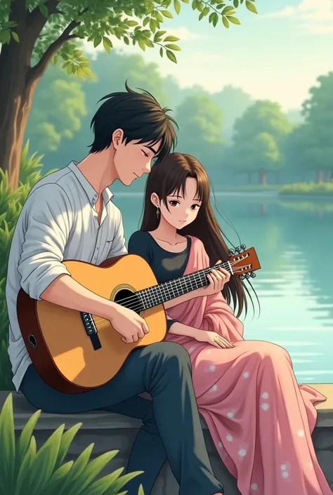 (Photo of backside) ( anime photo) A man and woman sitting next to a lake, man playing guitar, woman wearing soft pink georgette printed shari,black blouse, long hair, womans head on mans shoulder, man wearing a white shirt with thin horizontal blue stripe