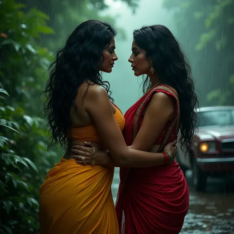 Two very sexy indian women rivals look like bollywood celebrities both have nice curvy bodies,both women hating each other staring hatefully each other angrily,both standing so close to each other,car  parked in heavy jungle ,both bodies pressed together, ...