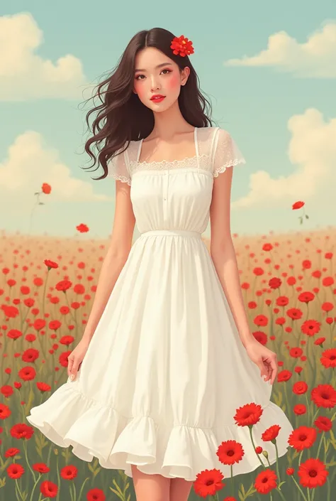 A woman in a white dress, summer, nostalgic, simple and beautiful color scheme, flat color, flowers, chic, red flowers  