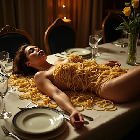 on a luxurious dining table.An extremely beautiful model lies on her back.The chest and between the legs are covered with noodles .Like a human body feast.