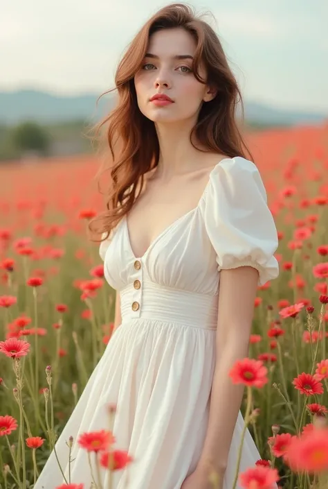 A woman in a white dress, summer, nostalgic, simple and beautiful color scheme, flat color, flowers, chic, red flowers  