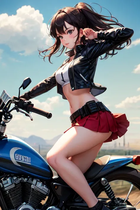 A girl is running on a motorcycle towards the battlefield wearing short skirts and short tops with guns.