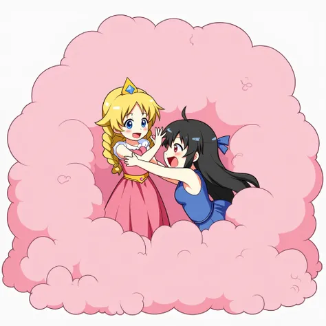 An anime-style illustration depicting princess and lady playfully wrestling with each other inside a pink comical fight cloud (dust cloud).
one princess with blonde braided and blue-eyes and pink-dress, and one lady with black long hiar and red-eyes and bl...