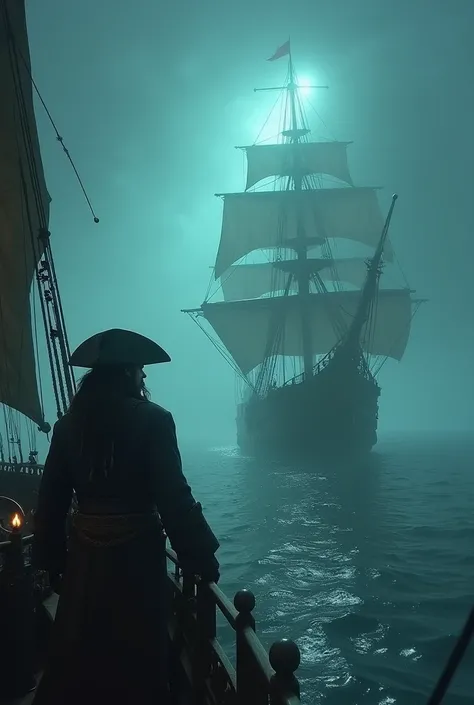 Picture Jack Sparrow and the Black Pearl encountering a ghost ship in the middle of a foggy night, with eerie lights glowing from the haunted vessel.