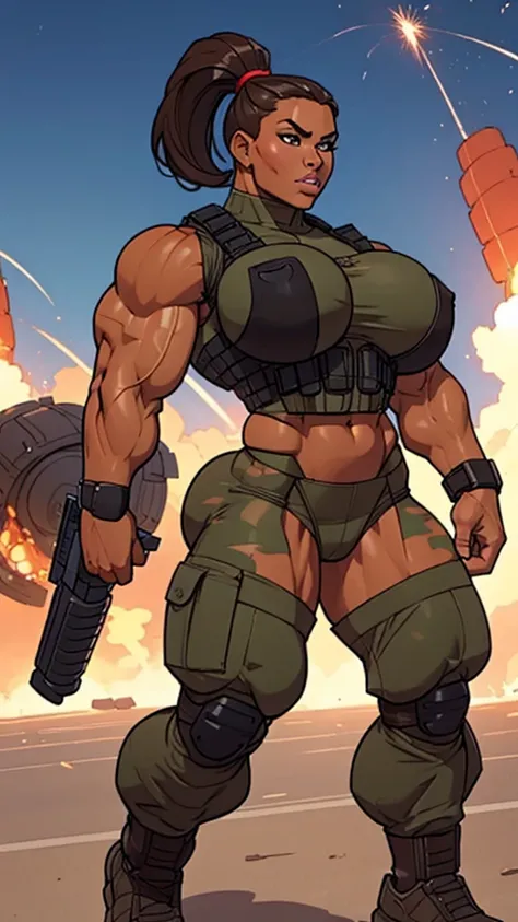 1girl, super soldier girl, coloured sketch, beautiful woman, ponytail hair, extremely tanned, wearing special forces military suit, tactical vest, strong well defined muscle, bulky powerful bodybuilder physique, great muscle definition, perfect muscular bo...